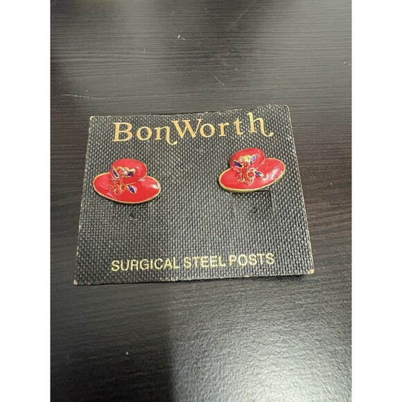 Vintage Red Hat Society Surgical Steel Post Studs Earrings Red Rhinestones - Picture 1 of 11